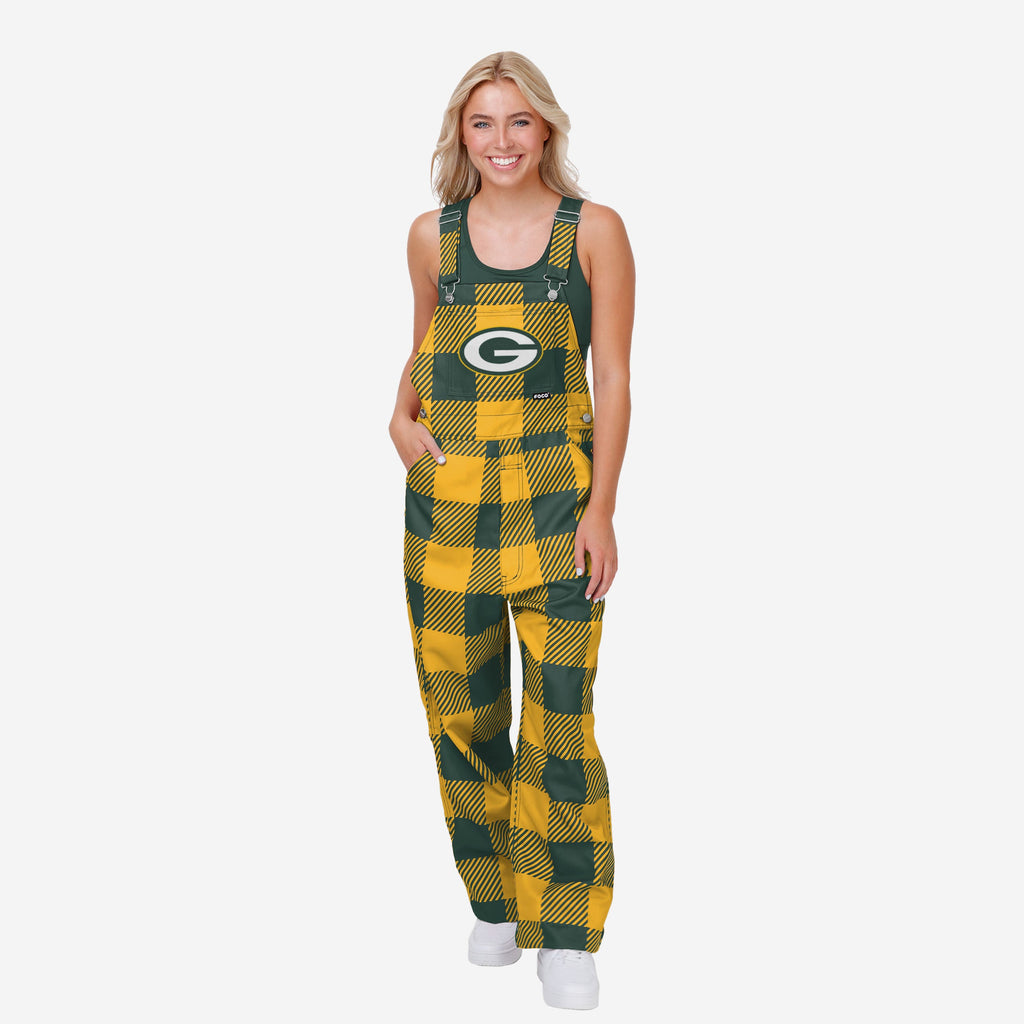 Green Bay Packers Womens Plaid Bib Dungarees FOCO XS - FOCO.com | UK & IRE